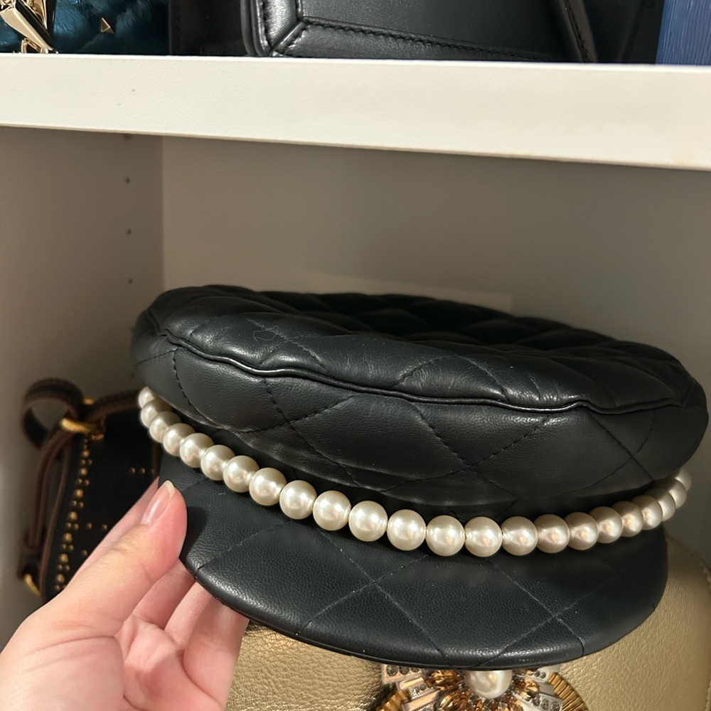 Moschino Black Quilted Hat with Pearl Accent